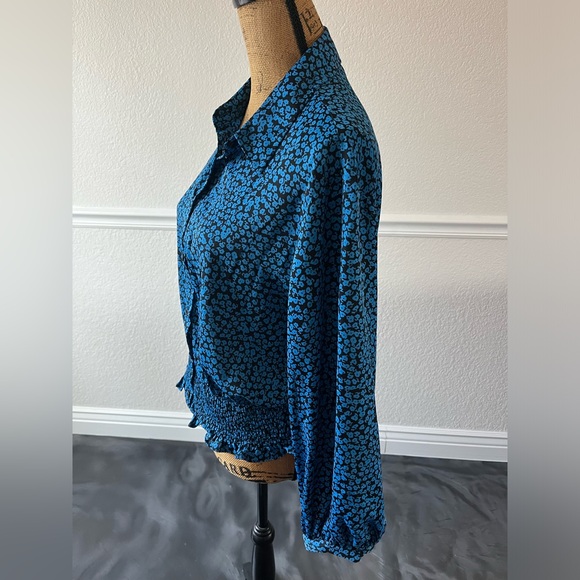 Who What Wear Blue Bishop Long Blouson Sleeve Floral Smock Top Size Large - Picture 6 of 10